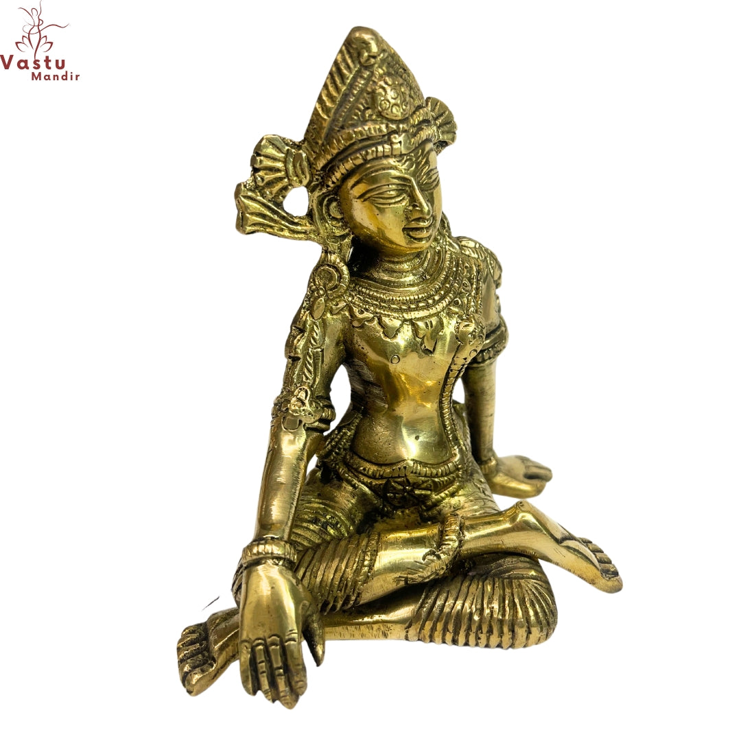Brass Indra Dev idol front three-quarter view isolated on white background
