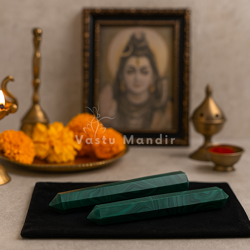 Two malachite crystal pencils on a black display mat in a devotional interior setting
