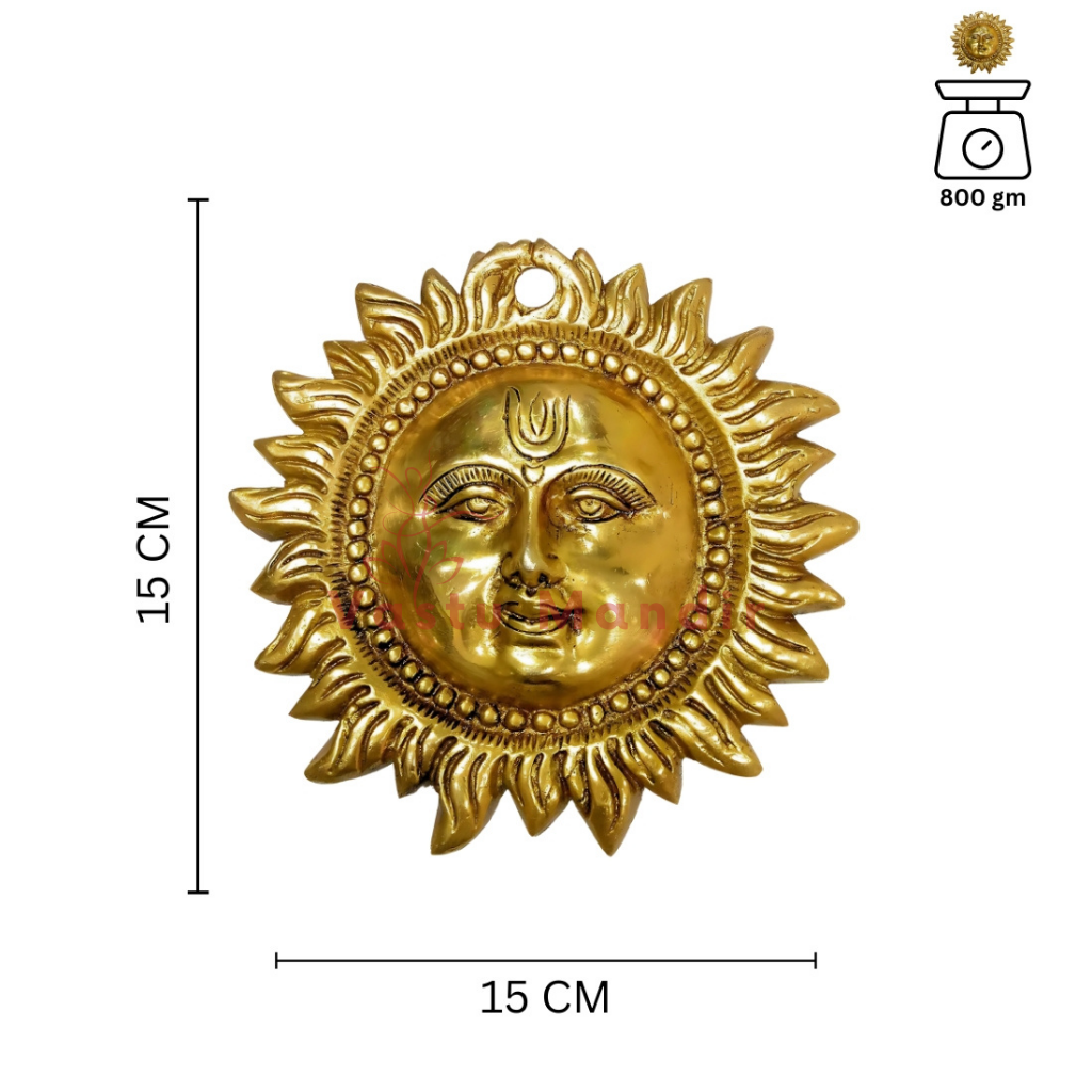 15 cm brass sun face wall hanging dimension diagram showing 15 cm height and width with 800 g weight