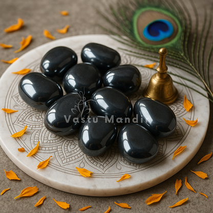 Angled view of hematite tumbled stones on a white plate with marigold petals and a peacock feather
