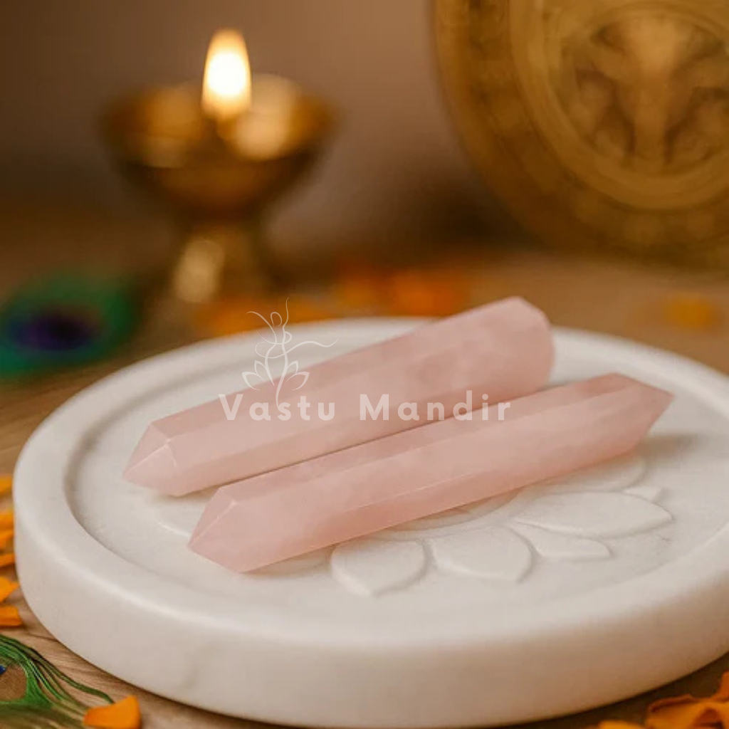 Rose quartz crystal pencil displayed in a softly lit product setting
