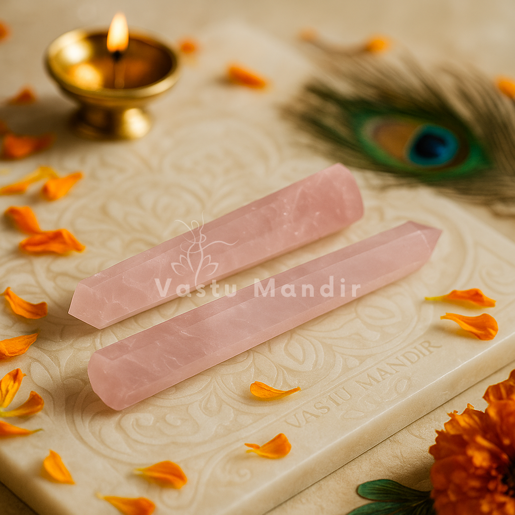 Rose quartz crystal pencil arranged in a styled spiritual setting