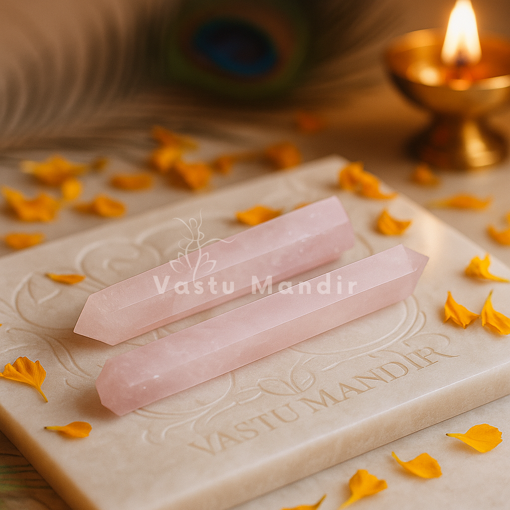 Rose quartz crystal pencil shown in a close styled product view