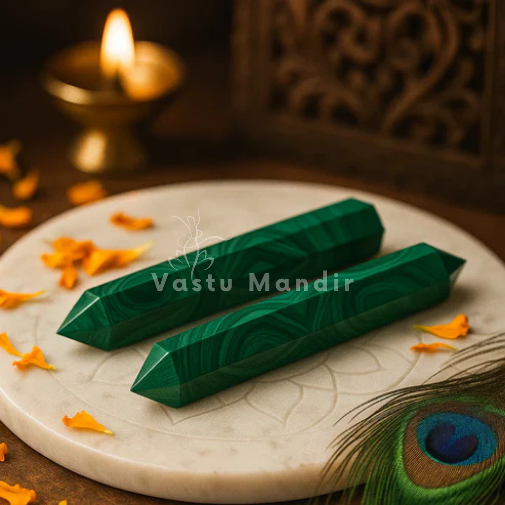 Angled close view of two malachite crystal pencils in a softly lit traditional setting