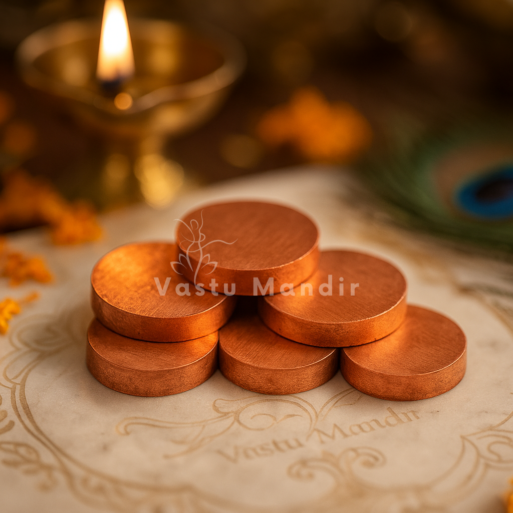 Copper & brass Vastu coins displayed in a dark, softly lit spiritual setting