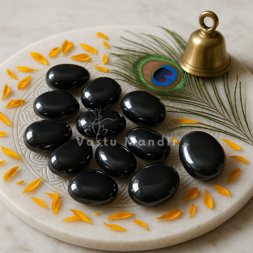 Hematite tumbled stones arranged on a carved white plate with marigold petals and a softly lit diya