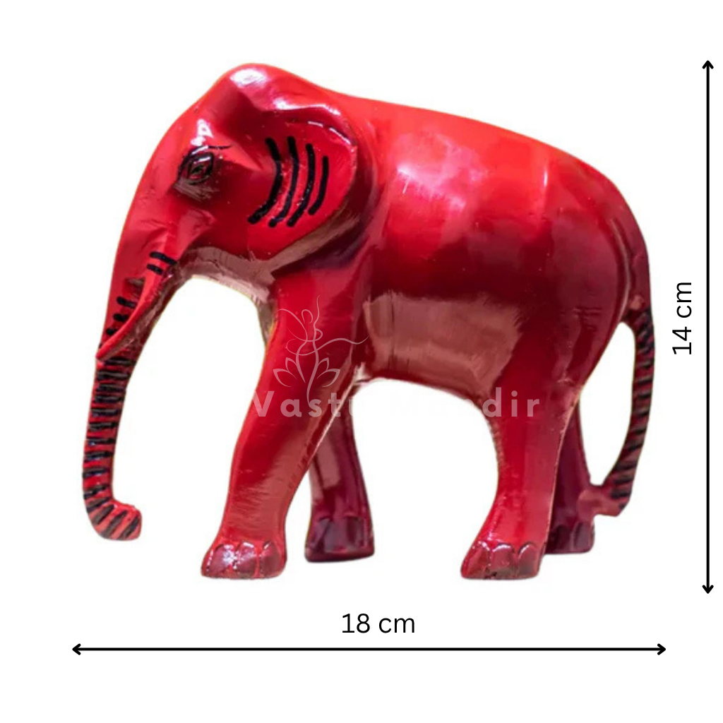 Red-finish elephant idol dimension diagram showing 18 cm length and 14 cm height