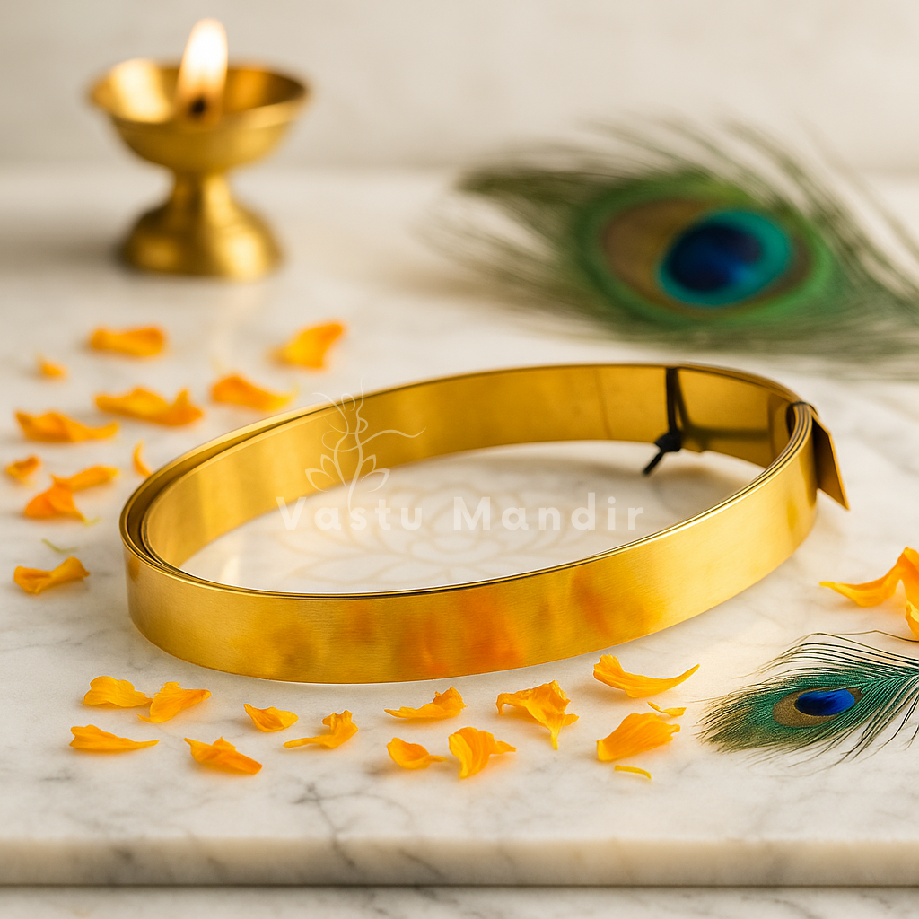 Pure brass Vastu strip coil on a branded plate with diya, petals and peacock feather