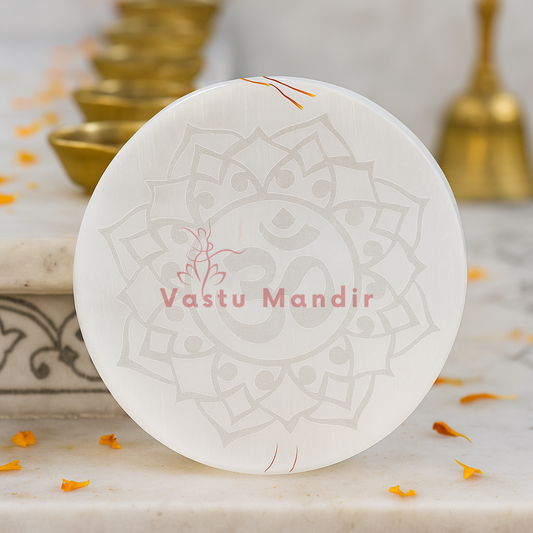 Om symbol selenite plate displayed in a softly lit product setting