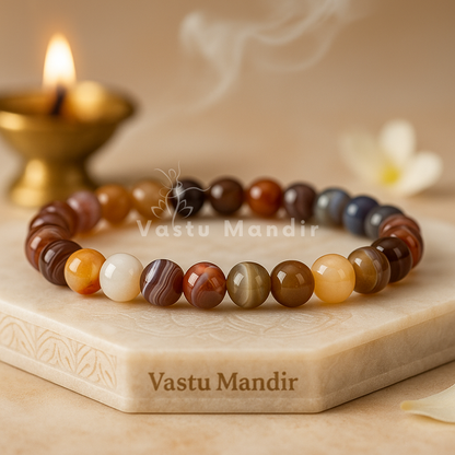 Botswana agate bracelet displayed on a raised cream stone base with flowers