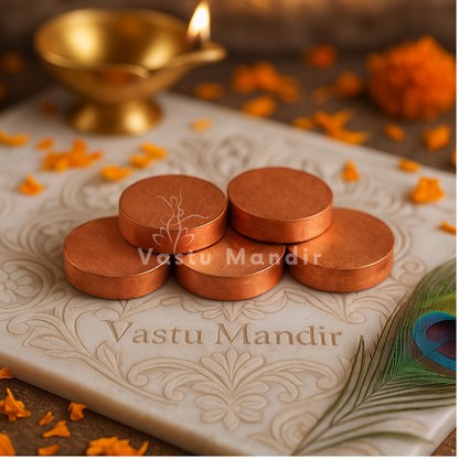 Copper & brass Vastu coins displayed in a softly lit product setting