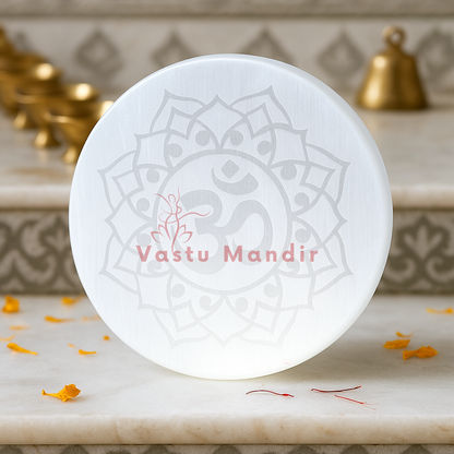 Om symbol selenite plate arranged in a styled spiritual setting