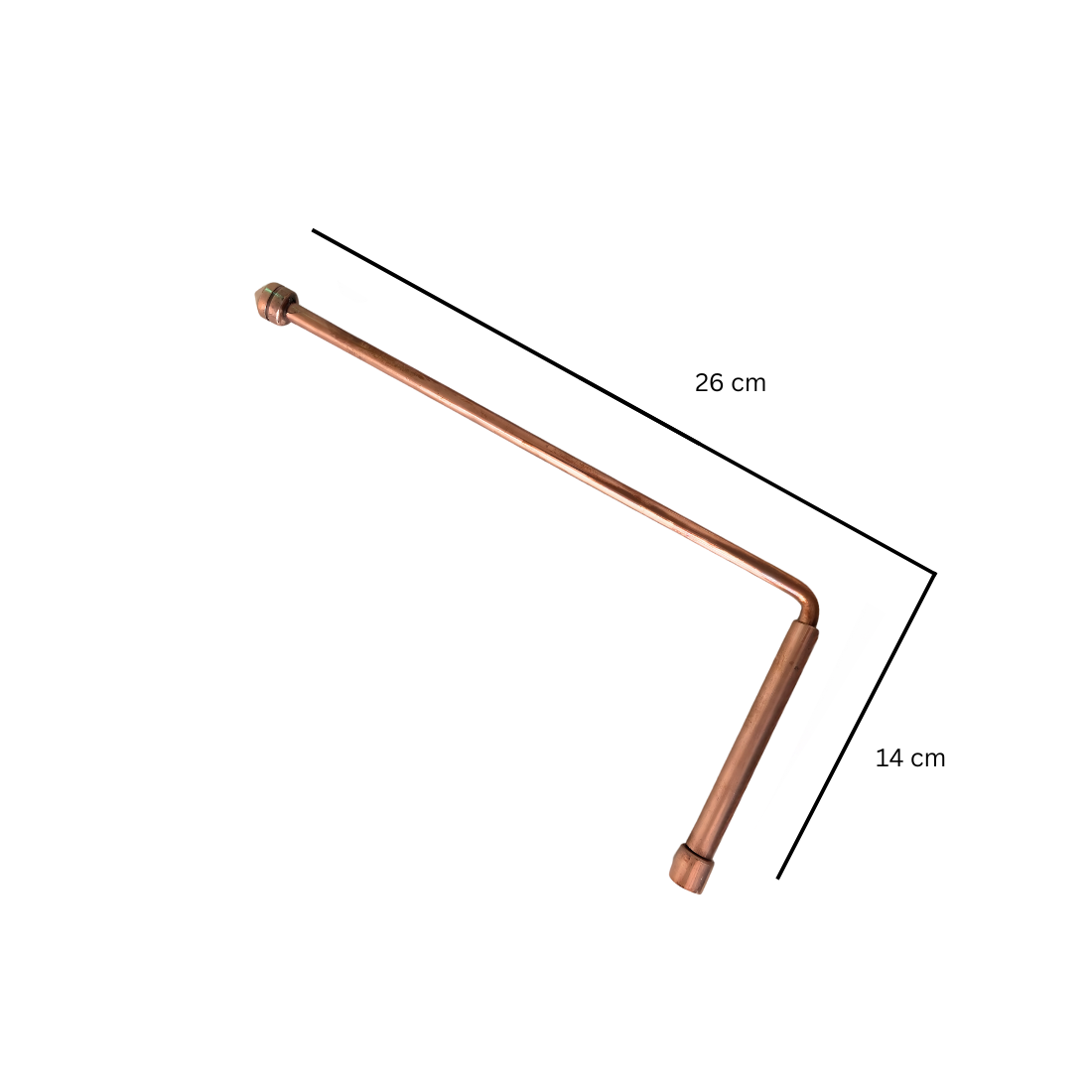 Copper metal-handled dowsing rod size diagram showing 26 by 14 cm dimensions