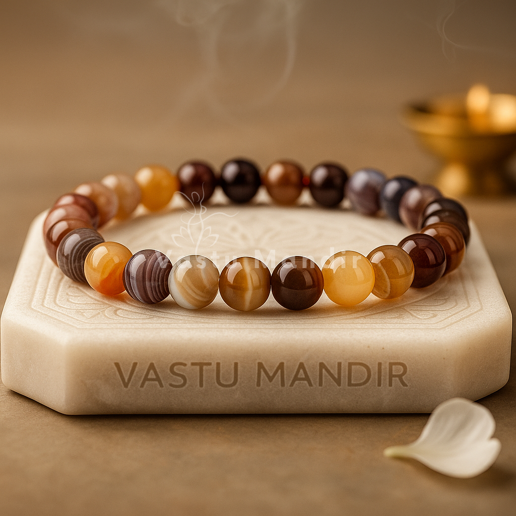 Botswana agate bracelet shown on a rectangular Vastu Mandir display block