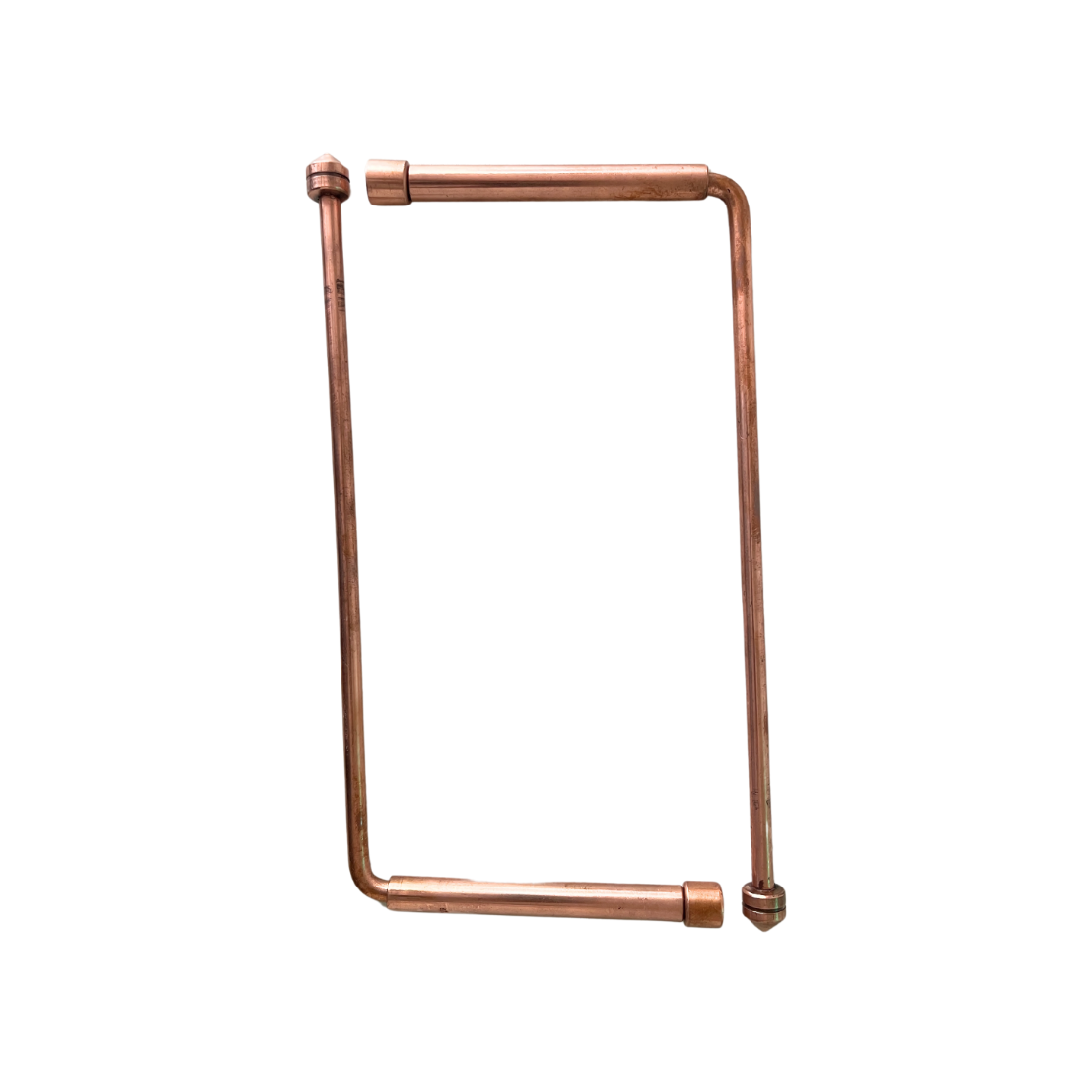 Angled copper dowsing rod pair with polished metal handles on white