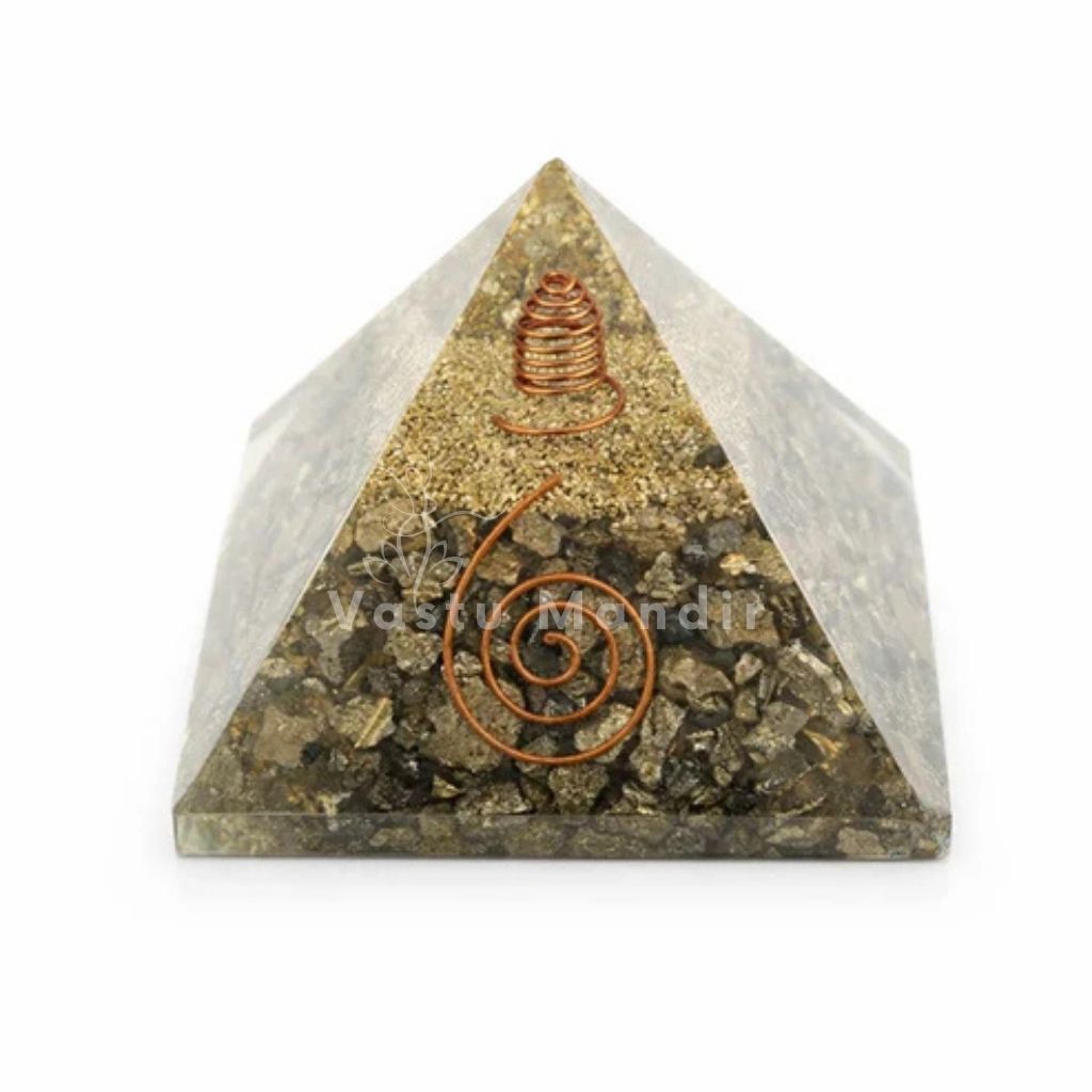 Pyrite Copper Coil Orgone Pyramid – side profile showing the pyramid height and slope