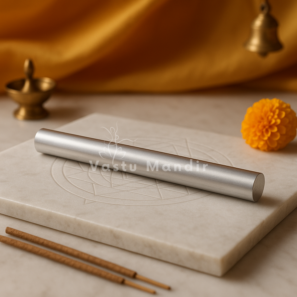 Aluminium Vastu virtual rod displayed on engraved marble with incense sticks