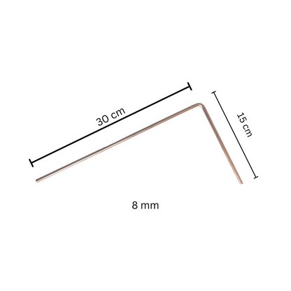 Eight-millimetre copper dowsing rod size diagram showing 30 by 15 cm dimensions