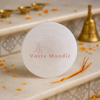 Shree yantra selenite plate presented in a second hand-held view