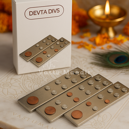 Devta div metal plates arranged in a styled spiritual setting