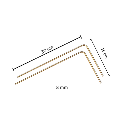 Eight-millimetre brass dowsing rod size diagram showing 30 by 15 cm dimensions