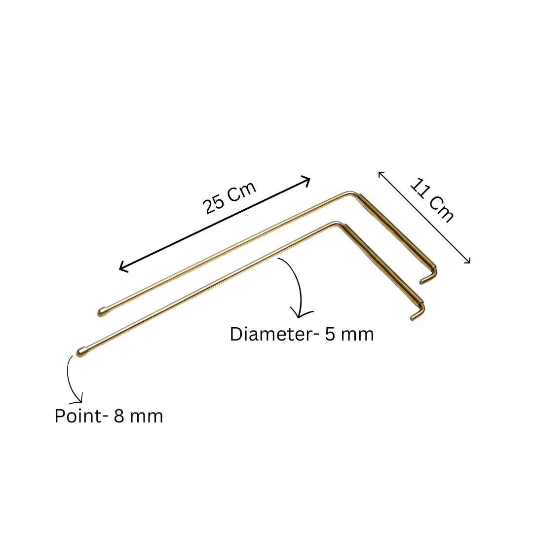 Brass L-rod size diagram showing 25 cm length, 11 cm handle and 5 mm diameter