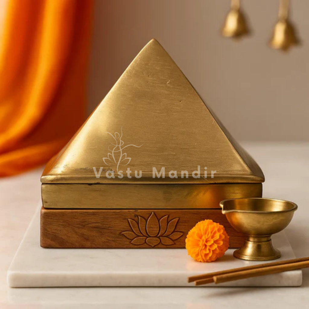 Upper brass pyramid layer displayed front-facing on a wooden base with a marigold flower, brass bowl and incense sticks