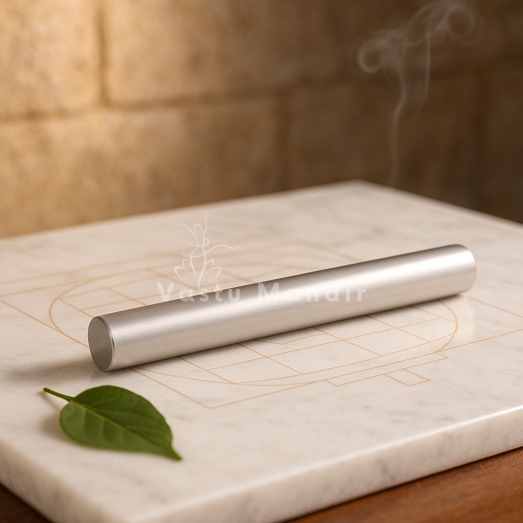 Stainless steel Vastu virtual rod displayed on engraved marble with a green leaf