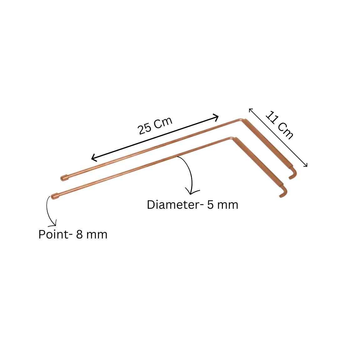 Copper L-rod size diagram showing 25 cm length, 11 cm grip and 5 mm diameter