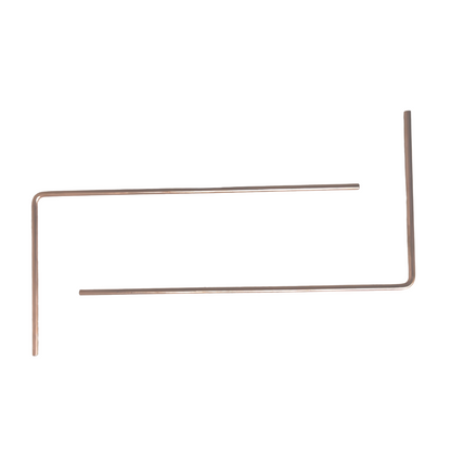Plain copper L-shaped dowsing rods arranged on a white background