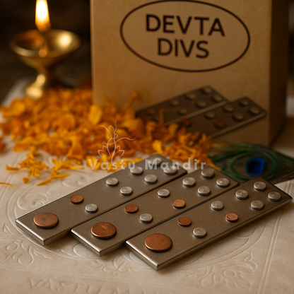 Devta div metal plates displayed in a dark, softly lit spiritual setting
