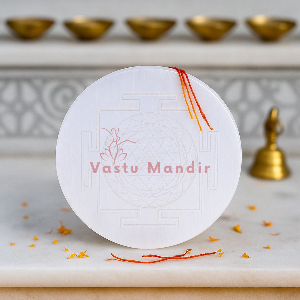 Shree yantra selenite plate displayed in a softly lit product setting