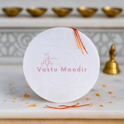 Shree yantra selenite plate displayed in a softly lit product setting