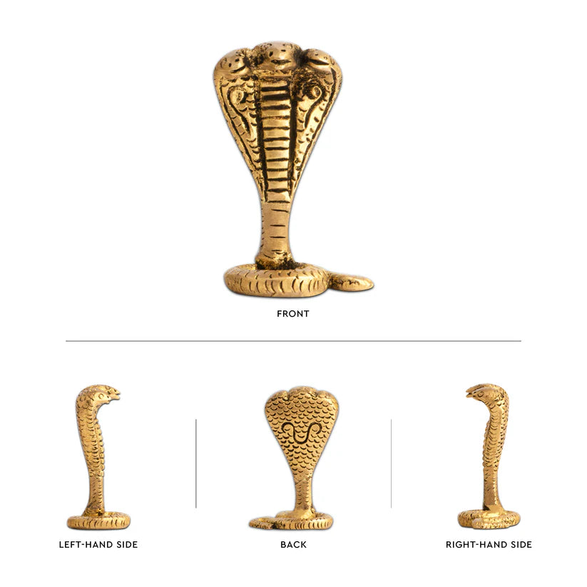 Three-headed brass snake idol front and side views isolated together on white background