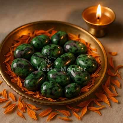 Ruby zoisite tumbled stones arranged in a warm low-light product setting