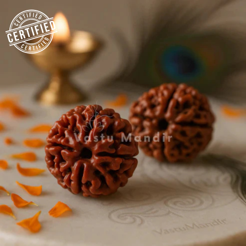 4 mukhi Rudraksha displayed in a softly lit sacred setting