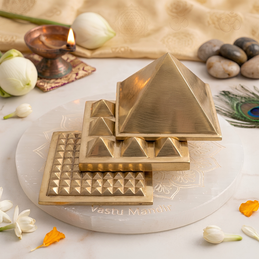 A 3 Layer Brass Pyramid displayed on a white marble plate with decorative props including a diya, lotus flowers, and peacock feather.