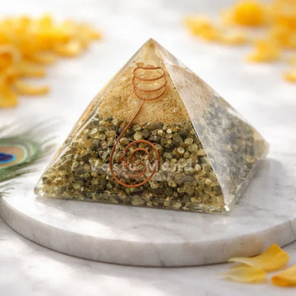 Pyrite Copper Coil Orgone Pyramid – front-left angled view showing two pyramid faces