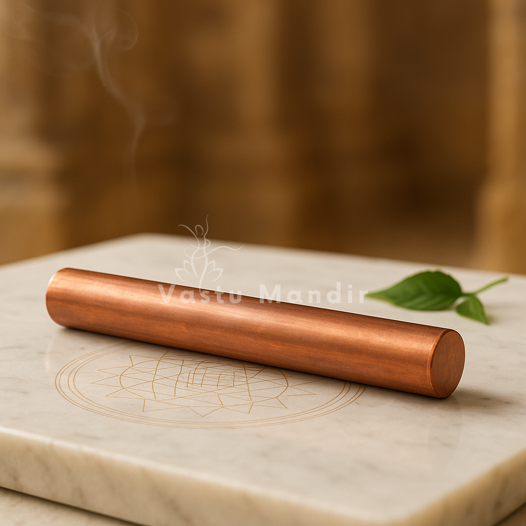 Copper Vastu energy rod displayed in a dark, softly lit spiritual setting