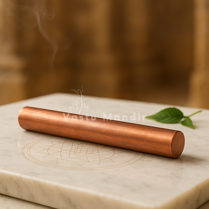 Copper Vastu energy rod displayed in a dark, softly lit spiritual setting