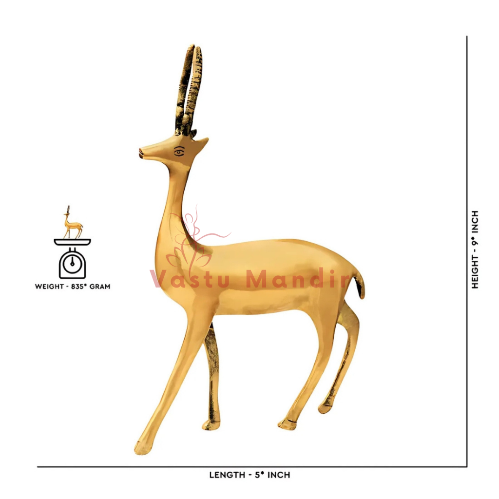 Handcrafted brass deer idol Vastu remedy in a close-up view against a clean white background