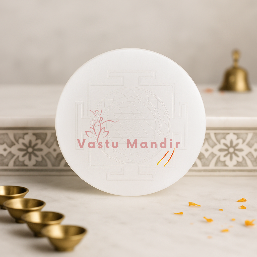 Shree yantra selenite plate shown held in a hand for scale