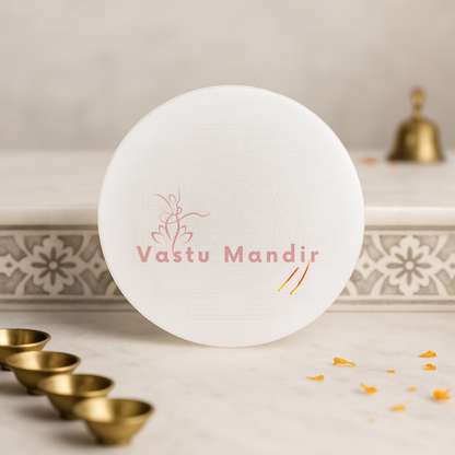 Shree yantra selenite plate shown held in a hand for scale