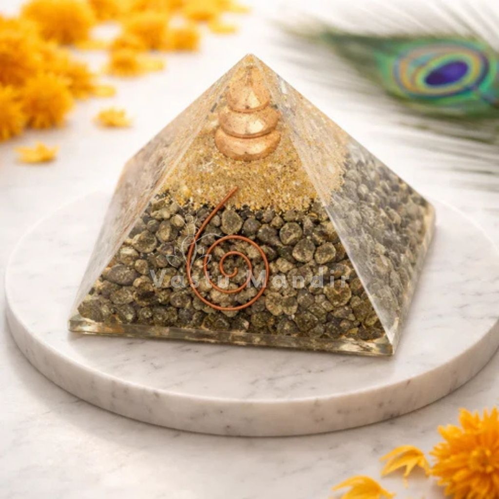 Pyrite Copper Coil Orgone Pyramid – front-right angled view showing the opposite side