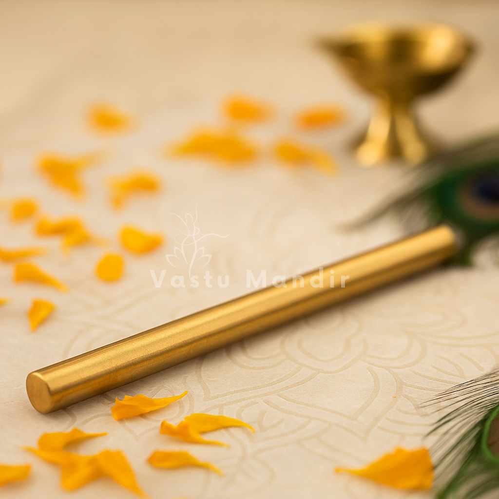 Brass Vastu energy rod arranged in a styled spiritual setting