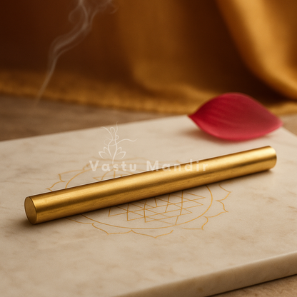 Brass Vastu energy rod displayed in a dark, softly lit spiritual setting