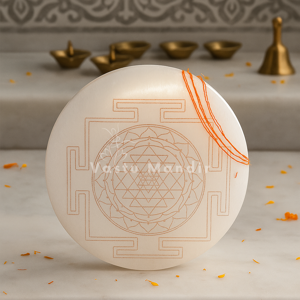 Shree yantra selenite plate shown upright with the engraved design and orange threads