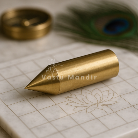 Brass Vastu Kilak rod displayed on an engraved marble surface