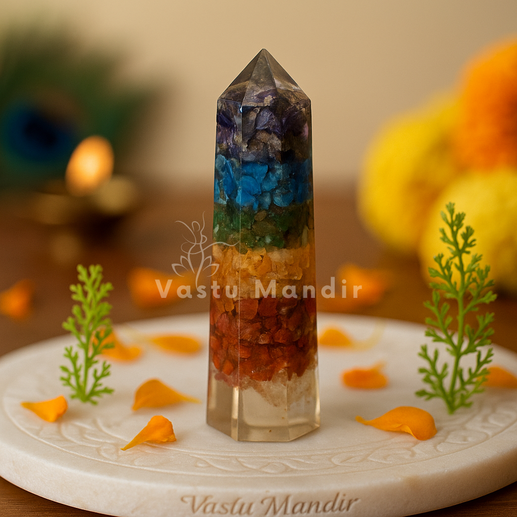 Seven chakra Vastu pencil arranged in a styled spiritual setting
