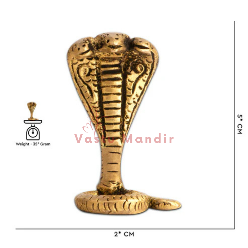 Three-headed brass snake idol dimension diagram showing 5 cm height and 3 cm width